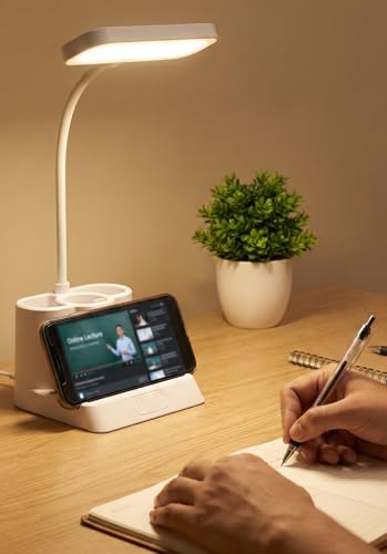 Image of SaleOn Rechargeable LED Study Lamp with Pen Stand & Mobile Holder | Touch Control Table Lamp with 3 Light Modes for Study Desk, Bedside, Office | USB Charging (Rectangular with 3 Pot)