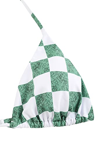 Image of ZAFUL Womens Printed Triangle Bikinis 2 Piece Halter Bikini Sets High Cut Bathing Suit Side Tie Swimsuits Green Plaid M