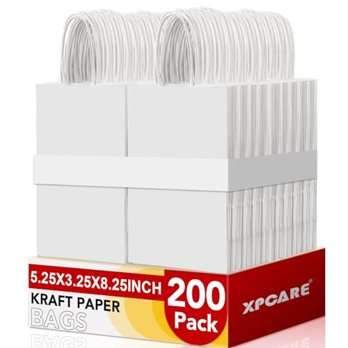 XPCARE 200Pcs Paper Gift Bags 5.25x3.25x8.25 Gift Wrap Bags with Handles White Kraft Paper Bags for Small Business Paper Bags Bulk for Birthday Party Favors Shopping Retail