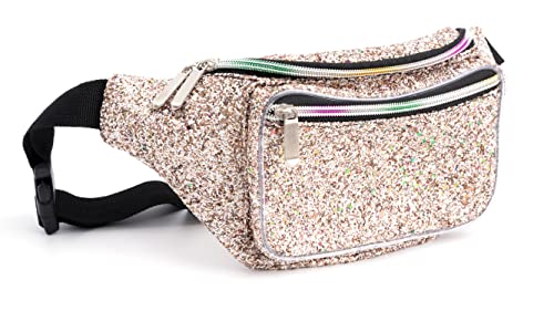 Holographic Rave White Gold Gravel Glitter Fanny Pack For Women Grils Festival Waist Belt Bags -White Gold Gravel