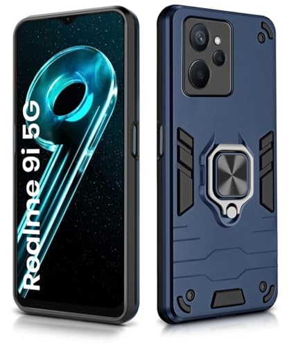 Image of WOW IMAGINE Shock Proof Back Case Mobile Cover for Realme 9i 5G | Realme 9i 5G | Back Cover Case (Tough Armor | Hybrid PC + TPU | Ring Holder & in-Built Kickstand | Blue)