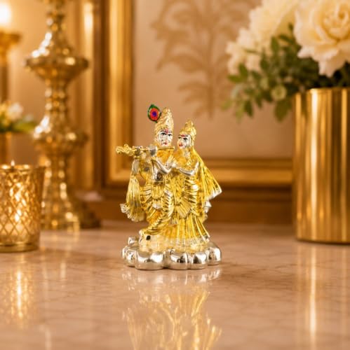 Image of Gold Art India 999 Silver Plated & 24K Gold Plated Radha Krishna Idol with Luxury Velvet Gift Box | 3.7 Inch Radhe Krishna Murti for Wedding Gift, Housewarming, Home Temple