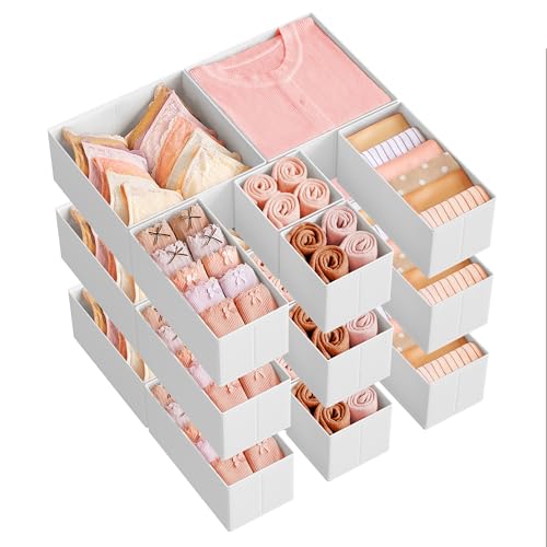 SONGMICS Drawer Organizers, Dresser Divider Organizers, Set of 18, Foldable Fabric Storage Boxes for Socks, Underwear, Bras, Ties, Scarves, Cloud Whit