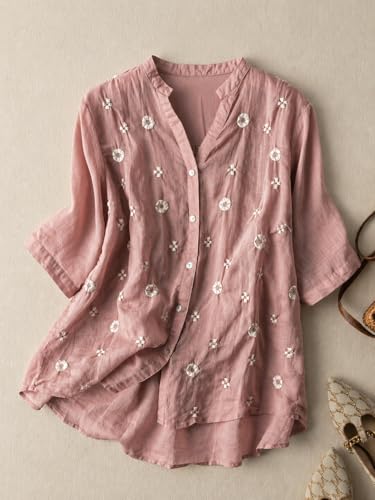 Image of RIEKA Womens Floral Applique Embroidered Fancy Top with Mandarin Collar Button Down Front Half Sleeves Relaxed Fit Casual Tunic Top for Women