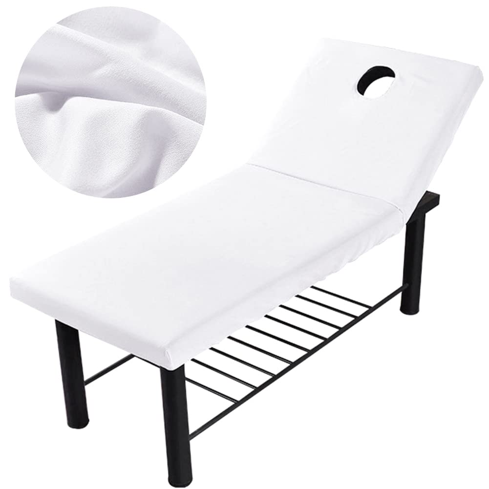 2 lenzuola per lettini da massaggio, con foro universale per il viso, con angoli elasticizzati, per SPA e salone di bellezza per il viso, (colore: bianco)