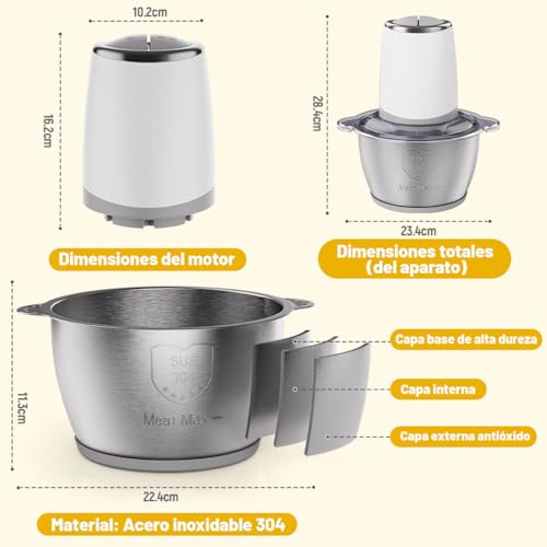 Miniatura 5 de Ousfot Picadora Electrica, 2l Picadora 500w Trituradora De Alimentos Con Recipiente De Acero Inoxidable 2 Velocidades Apto Para Verduras,Carnes,Fruta,Cocina