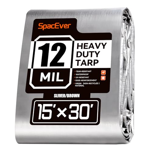 Spacever Tarp Heavy Duty 15x30 FT 12 Mil Thick Large Tarps Water-Proof with Grommets UV& Tear Resistant Plastic Cover for Pool Roof Tent Outdoor Firewood Silver& Brown