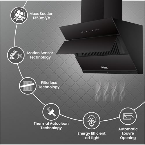 Image of Hindware Smart Appliances | Greta Neo 75 cm Chimney | 1350 CMH | Inclined Glass | Thermal Auto Clean | Filterless | Touch control, Motion sensor | 10 Yrs Warranty on Motor & 2 Yrs on Product (Black)