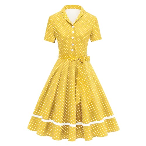 Women's 1950s Vintage Polka Dot Dress Retro Collared Button Cocktail Party Audrey Rockabilly Evening Prom Belted Dresses