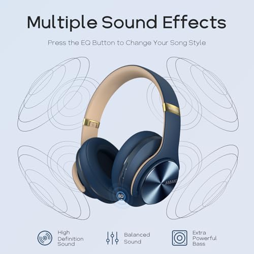 Image of DOQAUS Bluetooth Headphones Over Ear, 52 Hours Playtime Wireless With 3 EQ Modes, HiFi Stereo With Microphone and Soft Protein Earpads for Cellphone /TV /PC /Home Office (Navy Blue)