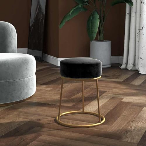 Traylux Taburete acolchado redondo de terciopelo negro con base de hierro para salón, pasillo, balcón, jardín, asiento exterior, ahorra espacio y estable, 30 x 38 cm, elegante complemento, versátil