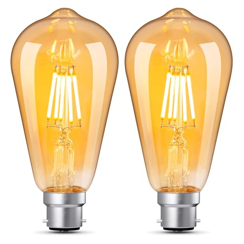 YOUDIAN Vintage Bayonet Light Bulb 6W,60 Watt Equivalent,B22 ST64 2700K Warm White Bulb, Antique/Retro Amber Glass Lamp,Not-dimmable,Bayonet LED Filament Lamp Squirrel Cage,600LM, 2 Pcs