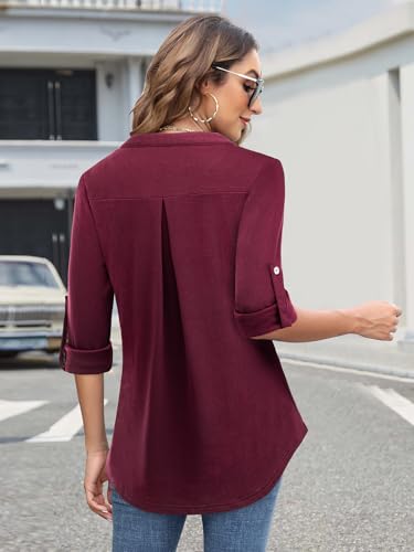 Image of Bulotus 3 /4 Length Sleeve Womens Striped Tops Zipper V Neck Collared Blouses Business Casual Tunics 2026 Spring Trendy