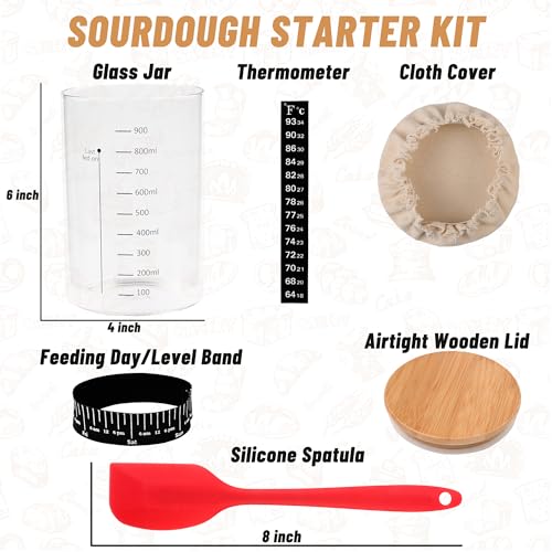 Image of Xileanalee Pro Sourdough Starter Jar Kit- 35 Oz Large Sourdough Starter Glass Jar with Date Marked Feeding Band,Thermometer,Spatula,Cloth Cover& Lid for Sour Dough Bread Loaf