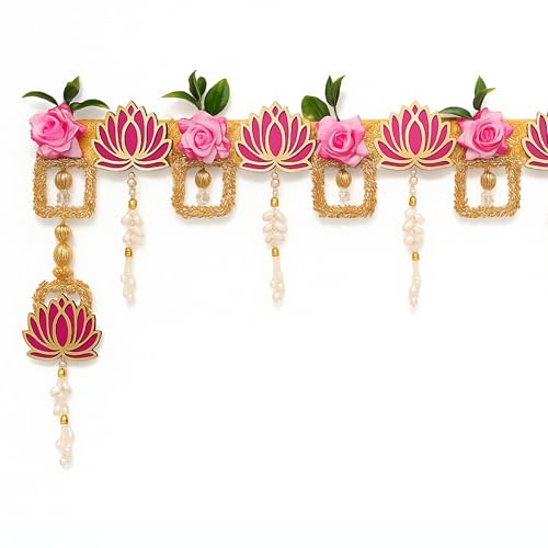 Image of torans for Entrance Door, Flower Hanging for Home Decor| Lotus Hanging for Decoration with Pink Roses & Lotus,Thoran,Bandhanwar for Main Door Diwali Decoration,Size 37 to 41 Inch