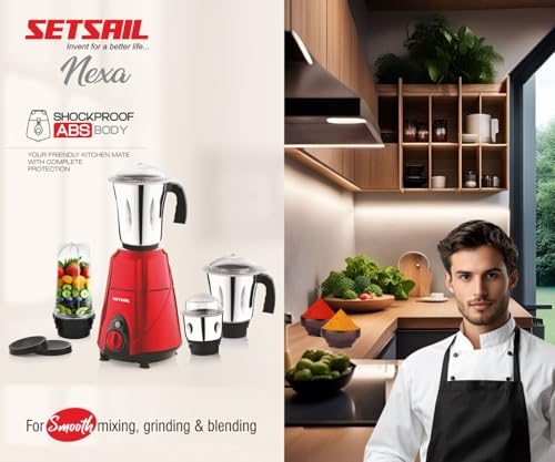 Image of SETSAIL Mixer Juicer Grinder with 4 Jars Nutri bullet for Smoothie Maker Attachment 600 Watt Stainless Steel Blades for Wet and Dry Grinding & Blending Kitchen Tool (Red) 1 Year Warranty