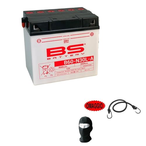 DESCRIZIONE E CARATTERISTICHE PRODOTTO: -BATTERIA BS B60-N30L-A = Y60-N30L-A (53030-Y UASA) -BATTERIA FORNITA COMPLETA PER IL SUO UTILIZZO INCLUSO NELLA CONFEZIONE!! -Lunghezza : 184 Larghezza : 130 Altezza : 170 - 12V (Volt) - Capacità 30Ah (10 Ore) - Capacità -Ah (20 Ore) -30 CCA/EN (Spunto in Avviamento) -300 Polarità : - / + Voltaggio [V] : 12 - OMAGGIO SOTTOCASCO PASSAMONTAGNA+CAVO A MOLLA CON GANCI