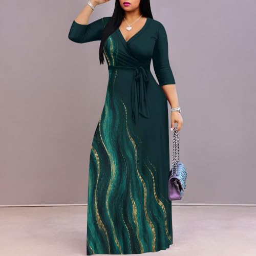 Image of Plus Size Maxi Dress for Women V Neck 3 /4 Sleeve Wrap Dress Teal L | Teal Floral Women's Maxi Dress