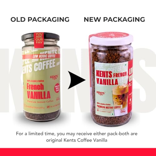Image of Kents Coffee French Vanilla Instant Coffee 100g Jar | 100% Arabica Coffee Powder | No Added Sugar | LOW ACIDIC COFFEE | Serves 90 Cups | Perfect for Hot Coffee, Iced Latte & Frappe