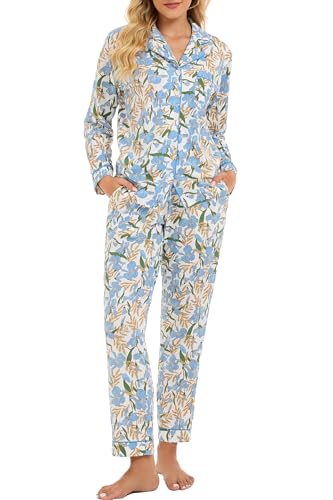 Image of LUBOT 100% Cotton Pajamas for Women Pajama Set 2 Piece PJ Sleepwear Set Soft Ladies Button Knit Long Sleeve Loungewear XS-XXL