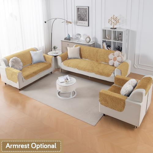Image of HOKIPO Quilted Sofa Cover 6 Seater Set - Washable 3+2+1 Sofa Panel for Seat & Back | 'Quilt Classic' Yellow (IN-927+926+925 * 2-YLW)