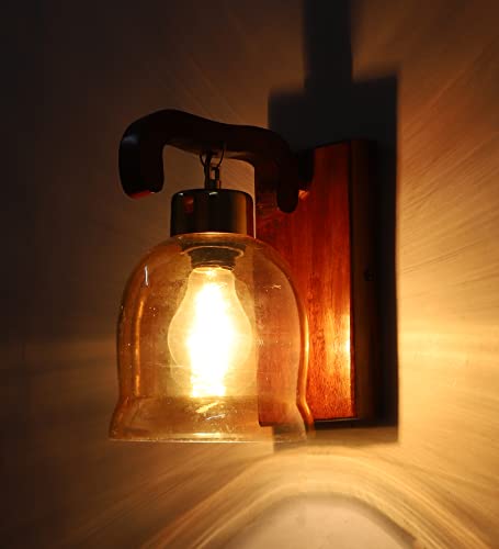 Image of Green House Handmade Sheesham Wood Wall Light /Lamp /U-Downlight Design /Lustre Bell Glass /E27 Bulb Holder(Bulb not Included) /Living Room,Bedroom,Hall /Luxurious /Classic Home Decor Lighting
