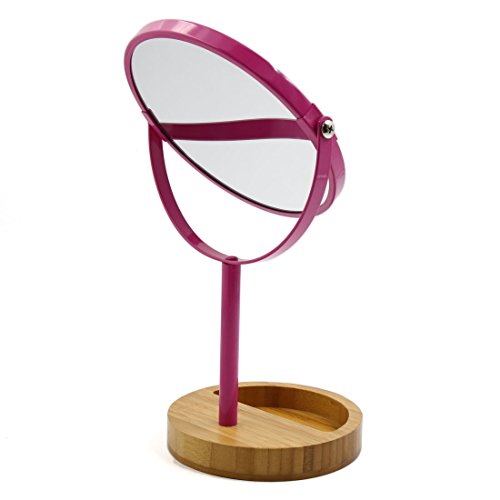 Espejo cosmético doble cara con soporte de madera magenta miniatura 2