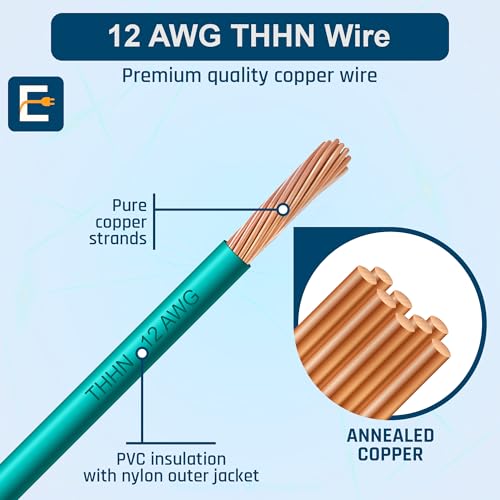 Image of THHN Wire 12 Gauge (12 AWG) 50 FT - Stranded Copper Building Wire for Panel /Control Wiring, Grounding & Lighting Circuits (Residential /Industrial), UL Listed, 600V, THWN-2, PVC /Nylon Jacket, Green
