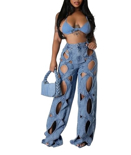 xxxiticat Women's Hollow Out Denim Pants High Waist See Through Twist Together Wide Leg Loose Fit Cutout Jeans Trousers2