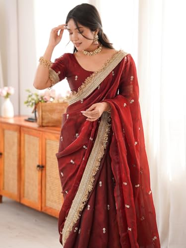 Image of AKHILAM Women's Shimmer Off White Georgette Sequence Embroidery Saree With Unstitched Blouse Piece