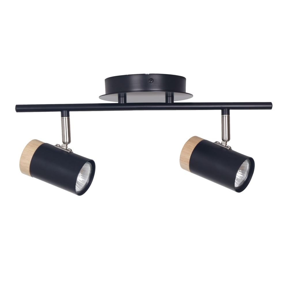 firstchoicelighting Black 2 Way Spotlight Fitting, Wood Detail, Adjustable Heads, LED and Dimmer Compatible