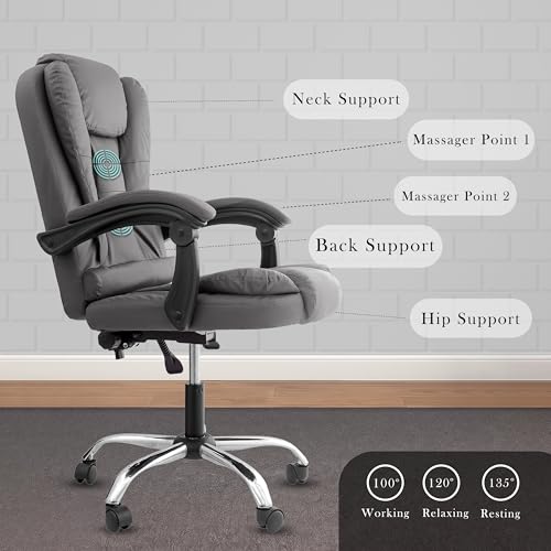 Image of Italia Premium Leatherette Office Chair for Work | Boss Chair, Ergonomic Executive, Luxurious Cushioned Arms & Seat, 2 Point Back Massager, Heavy Duty Metal Base (Grey)