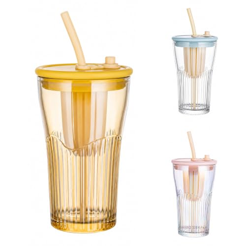 Image of Iridescent Glass Tumbler with Handle Lid and Straw - 470ML, Set of 1, Travel Coffee Sipper Mug Leakproof for Juice Cocktail Iced Tea Smoothie Hot Cold Drink Cup (Receiving Random Color)