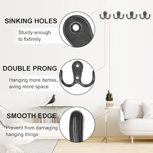 LICQIC Double Prong Robe Hooks, Dual Coat Door Hooks, Double Hook for Hanging Robe Towel, Coat, Bag, Hat (Black, 6 Pcs) - Image 3