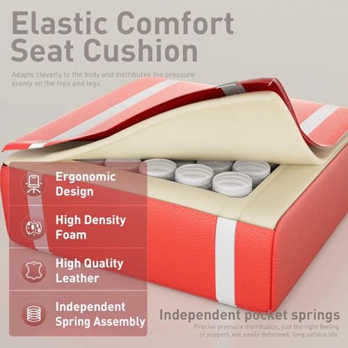 Image of HLDIRECT Gaming Chair, Ergonomic Video Game Seat with 360 Swivel & Lumbar Massage, Computer Chair PU Leather Cushion for Adults Home /Office Use (White & Red)