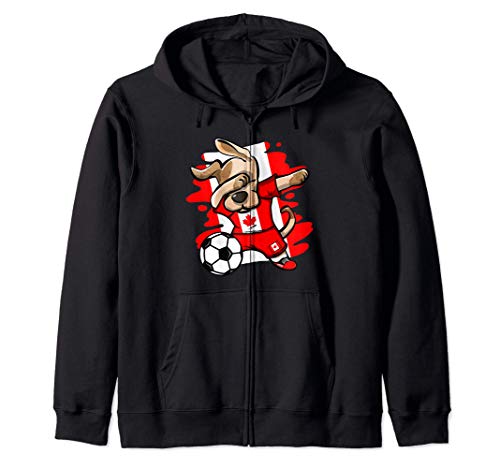 Dabbing Dog Canada Soccer Fans Jersey Canadian Flag Football Zip Hoodie, Black