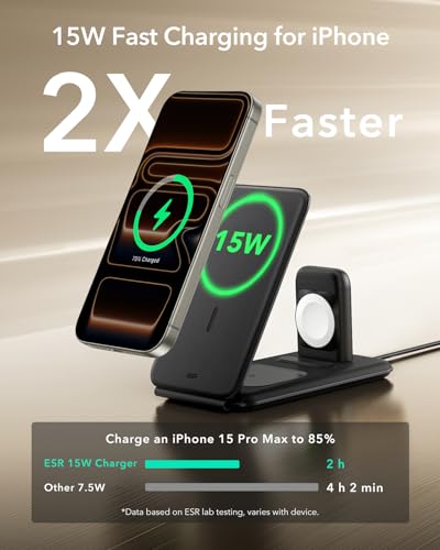 Image of ESR 3 in 1 Charging Station for Apple, [Certified] Apple Watch Charger & 15W MagSafe Charger Stand for iPhone, Travel Charger for Multiple Devices, iPhone 17-12, Watch & AirPods, Black