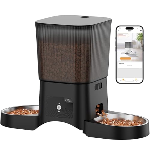 HoneyGuaridan 5G/2.4G WiFi Distributore Automatico Cibo Gatti con 2 Ciotole, Distributore Automatico Intelligente per Gatti e Cani, 4 Piedini Antiscivolo, Stabilità, 1-6 Pasti al Giorno (3.5L)