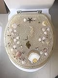 BH Home & Linen Heavy-duty Comfort seahorse and seashells design toilet lid seat and acrylic cover | 17 inches round toilet seat (O-shaped) | 100% resin. (New Sea Beige 17 inches)