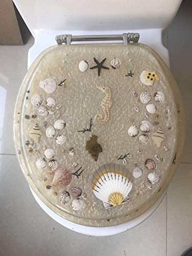 Heavy Duty Comfort Seahorse Seashells Round Toilet Seats with Cover Acrylic Seats.(New Sea Beige