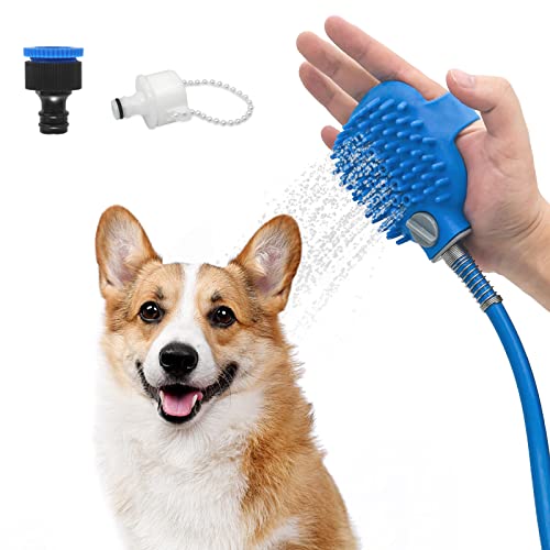FuninCrea 2 in 1 Dog Shower Sprayer, Portable Silicone Dog Bath Brush Pet Shower Sprayer with Hose Shower Attachment for Outdoor Indoor Bathing (Blue)