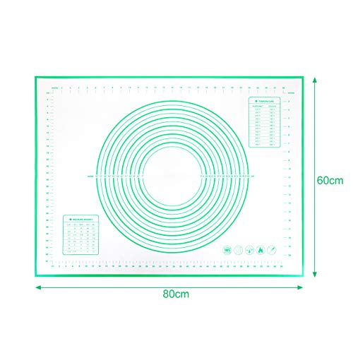 GWHOLE Silikonmatte Backmatte Silikon Teigmatte Wiederverwendbar Antihaft Rutschfest mit Messung, 60 x 40 cm (60×80cm, Grün)