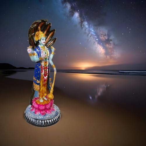 Image of YASHONIDHI Venkatesh Narayan Vishnu Bhagwan Statue, 12 Inches, Lakshminarayan Full-Colour Murti Standing on Lotus and Sheshnag, for Home, Office Decoration, for Pooja Room