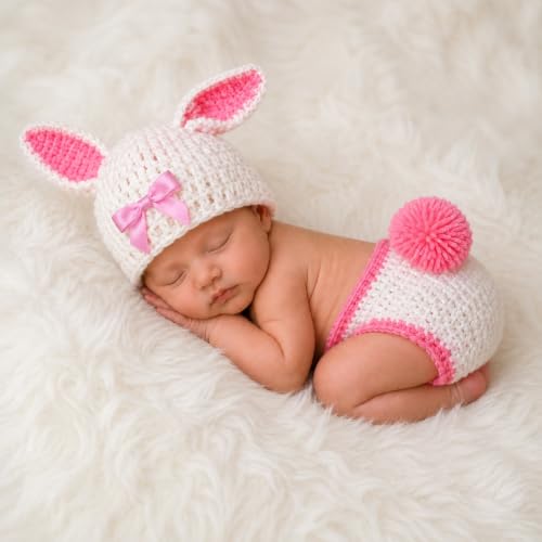 Image of BabyMoon ( SET OF 2 Rabbit Crochet New Born Baby Photography Shoot Props Costume (0-6 Months, Snow White)(Silk)