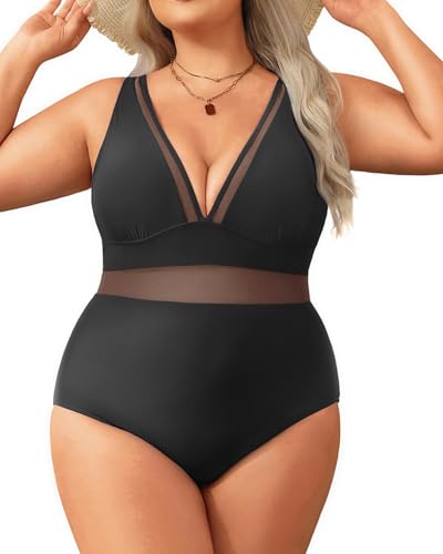 Image of Aqua Eve Womens Plus Size One Piece Swimsuit- Tummy Control Bathing Suit Full Coverage Swimwear Mesh-Black 24W