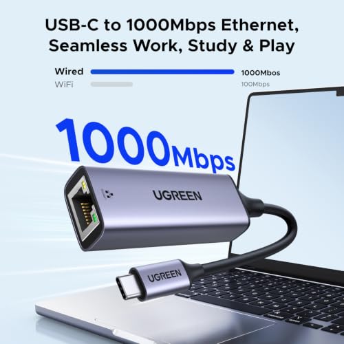 Image of UGREEN USB C to Ethernet Adapter, Plug and Play 1Gbps Aluminum Adapter | (Thunderbolt 4 /3 Compatible) to RJ45 Network Dongle, Compatible for MacBook Pro /Air, iPhone 17 Pro /Max, iPad, XPS