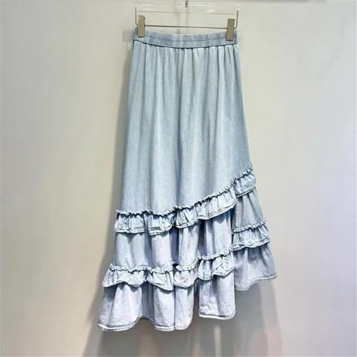 Women's High Waist Denim A Line Long Skirt Slim Fit Asymmetrical Hem with Cascading Ruffles Chic Fashion Streetwear Skirt2