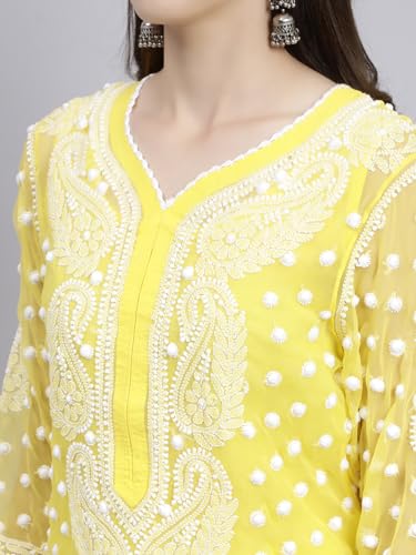 Image of Seva Chikan Hand Embroidered Lucknowi Chikankari Straight Regular Fit Georgette Women's Kurta with Inner Slip SCL4372