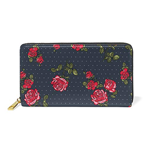 Preisvergleich Produktbild GIGIJY Portemonnaie mit Rosenmuster, mehrere Kreditkartenfächer, Tasche für Frauen, echtes Leder, mit Reißverschluss