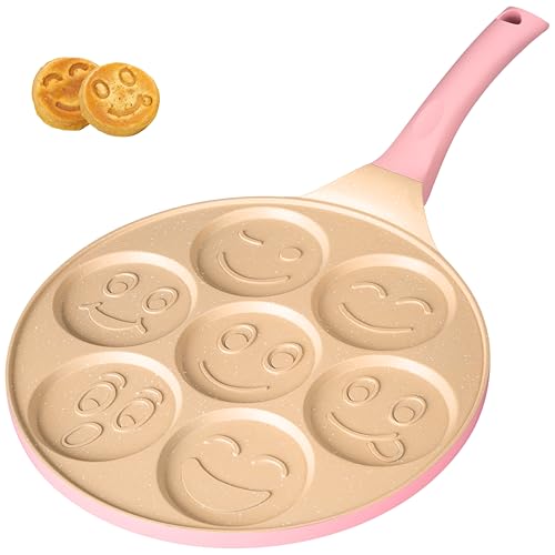 Erreke Sarten para Tortitas, Frigideira Panquecas, Todo Tipo de Cocinas e Inducción, Doble Capa Antiadherente Diseño Caritas, Mango Tacto Suave, 7 Tortitas o Crepes, 26 cm color Rosa